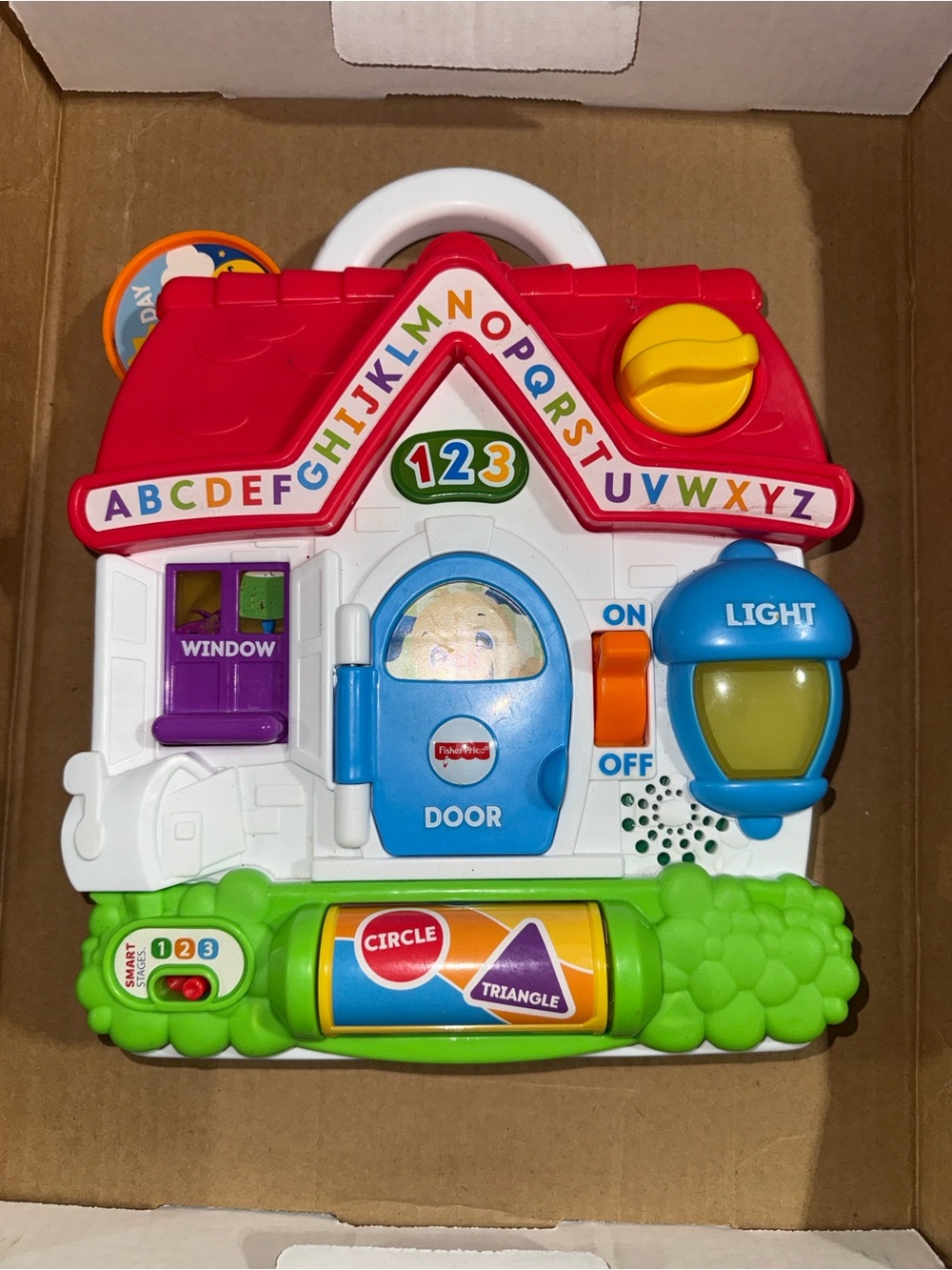 Fisher-Price Red Learning House Toy with Blue Door and Yellow Dial